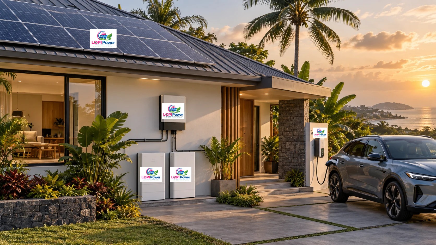Modern West African home with rooftop solar, inverter, battery storage and electric vehicle charging